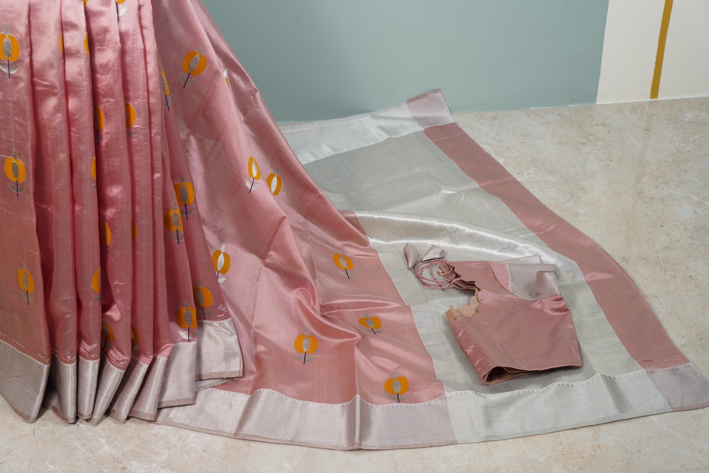 Pastel Peachish Pink Chanderi saree with miustard motifs