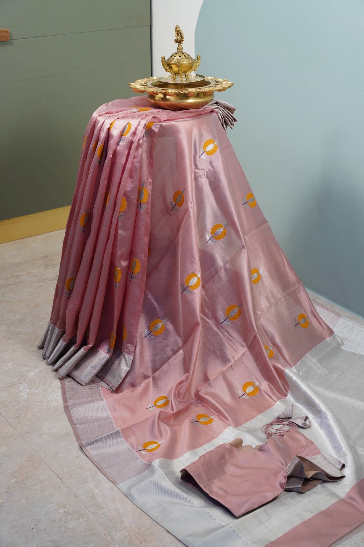Pastel Peachish Pink Chanderi saree with miustard motifs