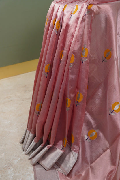 Pastel Peachish Pink Chanderi saree with miustard motifs