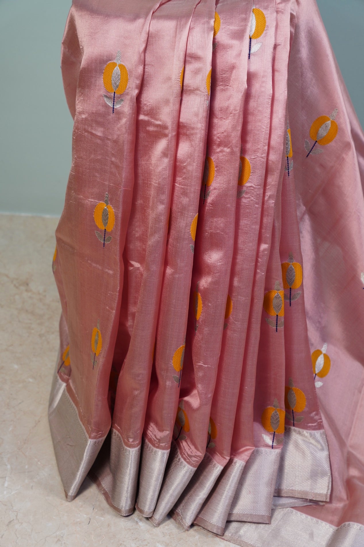Pastel Peachish Pink Chanderi saree with miustard motifs