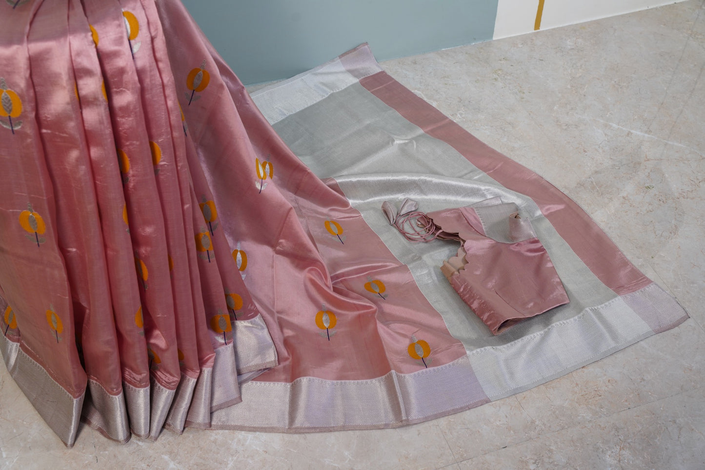 Pastel Peachish Pink Chanderi saree with miustard motifs