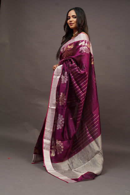 Deep Wine Chanderi Saree with silver lines