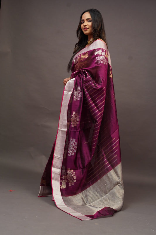 Deep Wine Chanderi Saree with silver lines