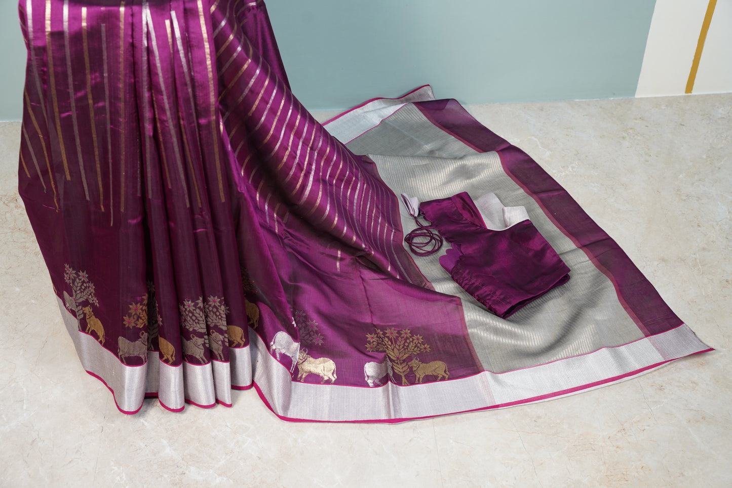 Deep Wine Chanderi Saree with silver lines