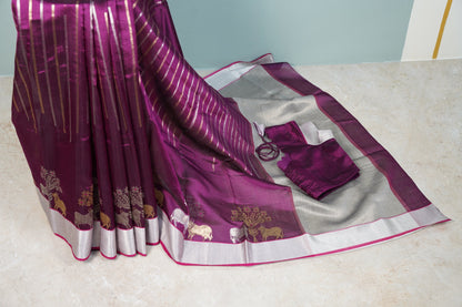 Deep Wine Chanderi Saree with silver lines