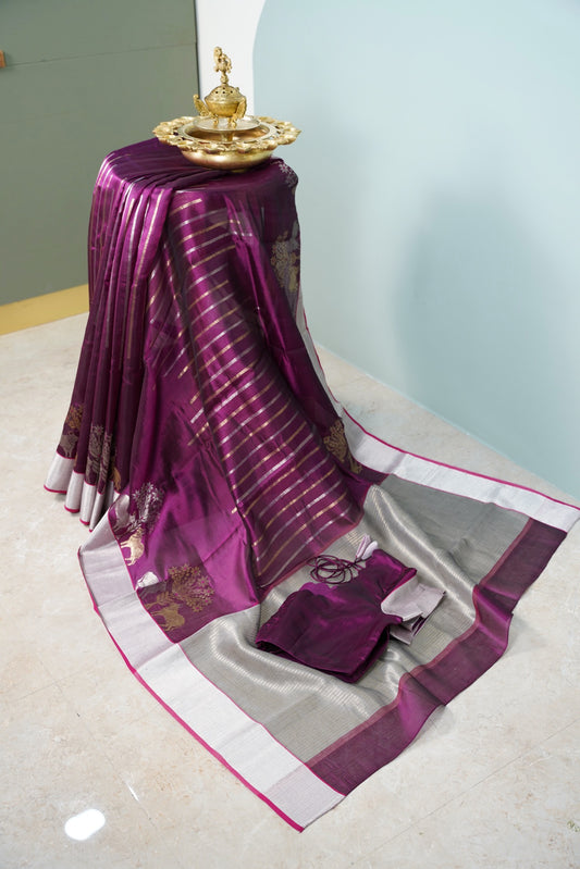 Deep Wine Chanderi Saree with silver lines