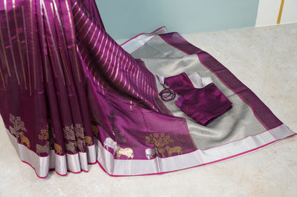 Deep Wine Chanderi Saree with silver lines
