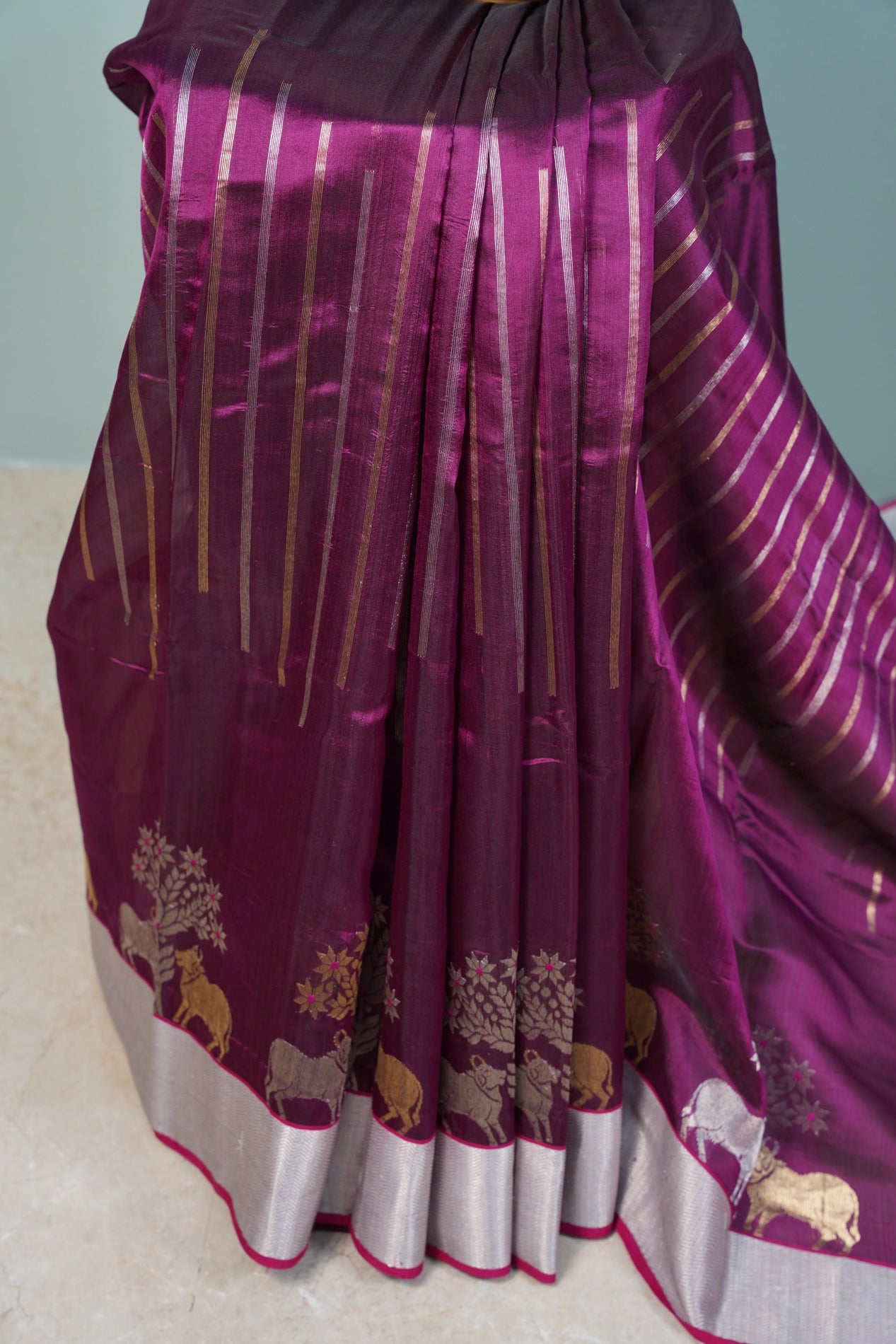 Deep Wine Chanderi Saree with silver lines