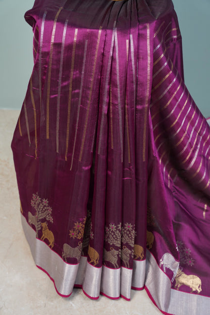 Deep Wine Chanderi Saree with silver lines