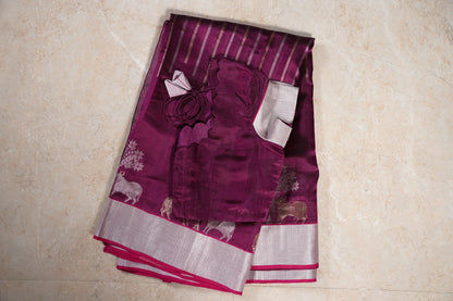 Deep Wine Chanderi Saree with silver lines