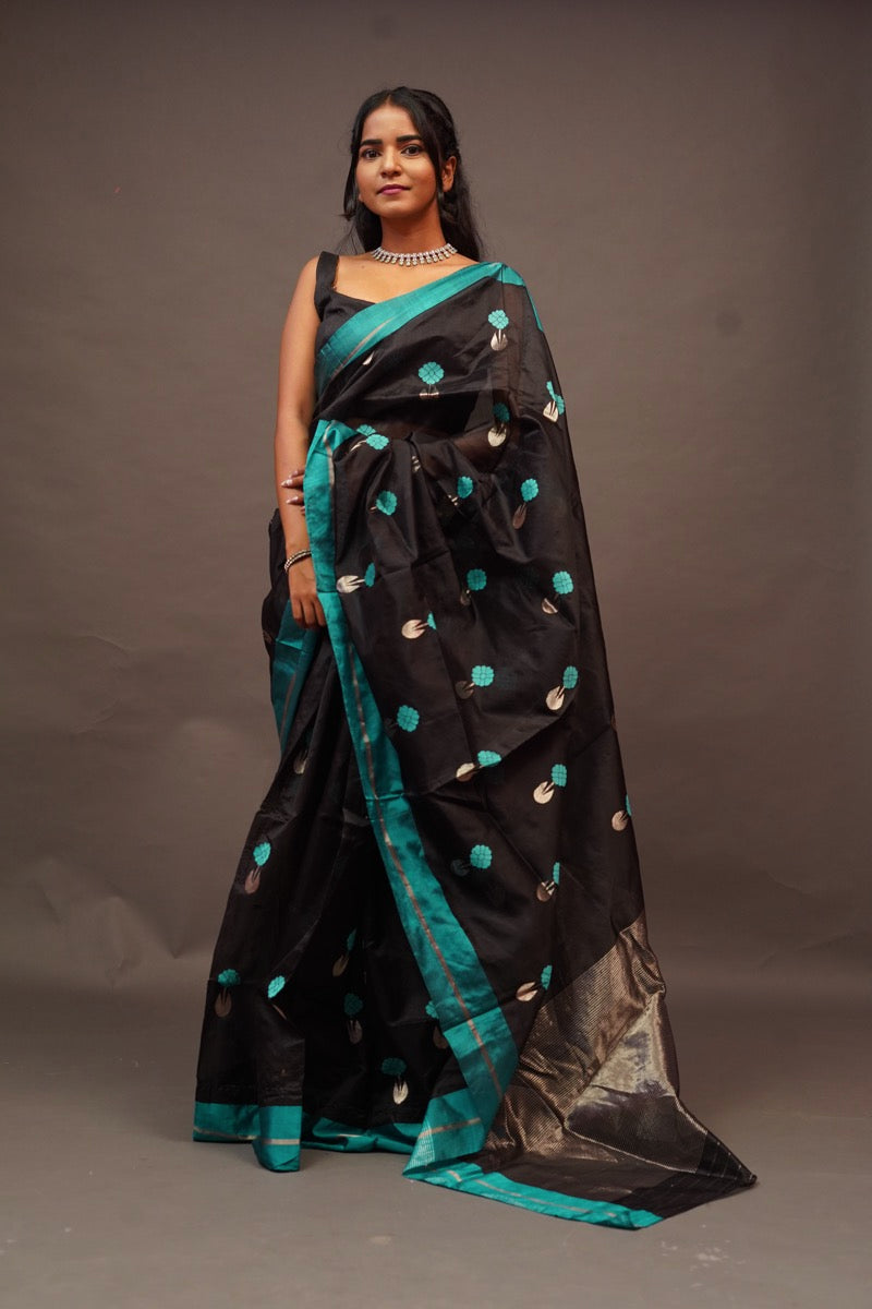 Black Saree with Butti and Blue border