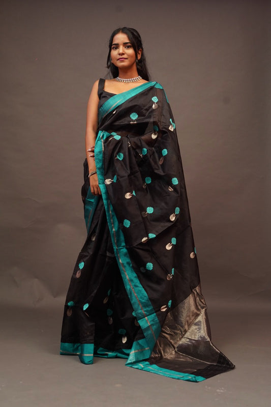 Black Saree with Butti and Blue border