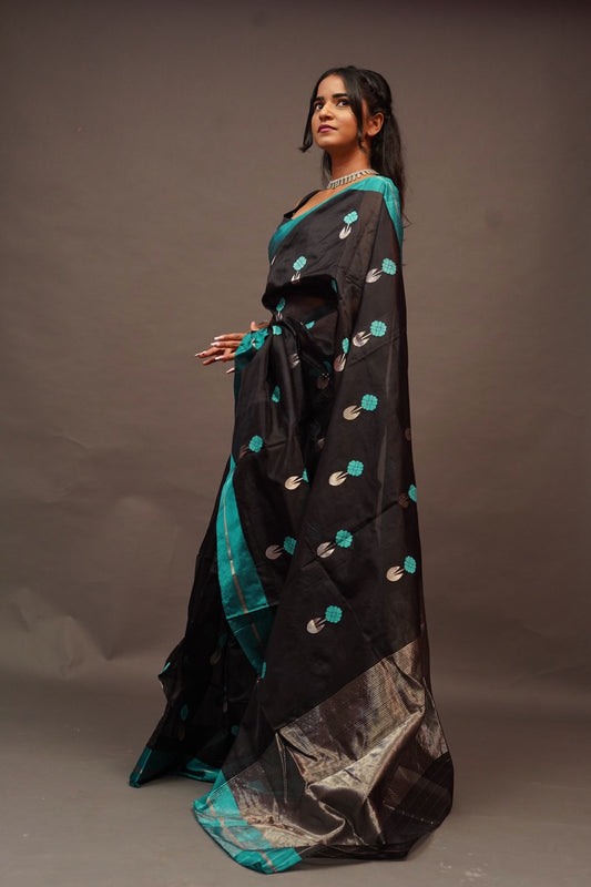 Black Saree with Butti and Blue border