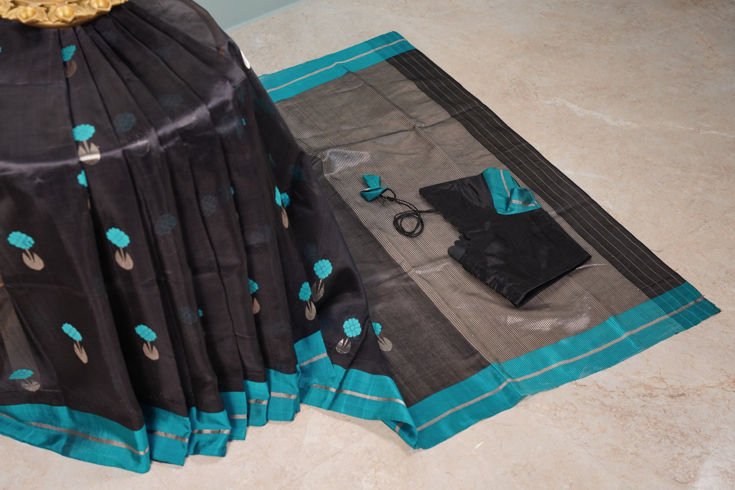 Black Saree with Butti and Blue border