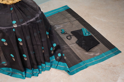 Black Saree with Butti and Blue border