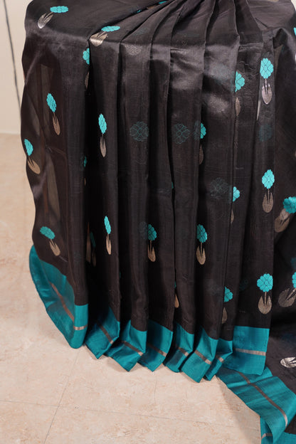 Black Saree with Butti and Blue border