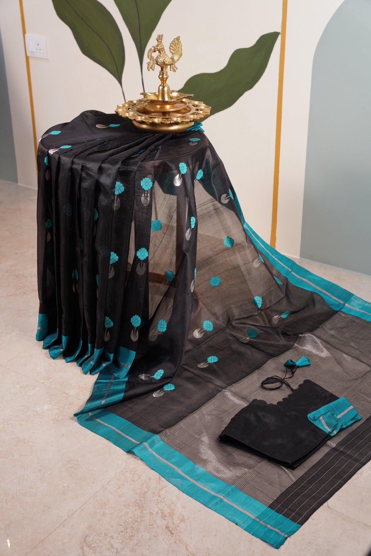 Black Saree with Butti and Blue border