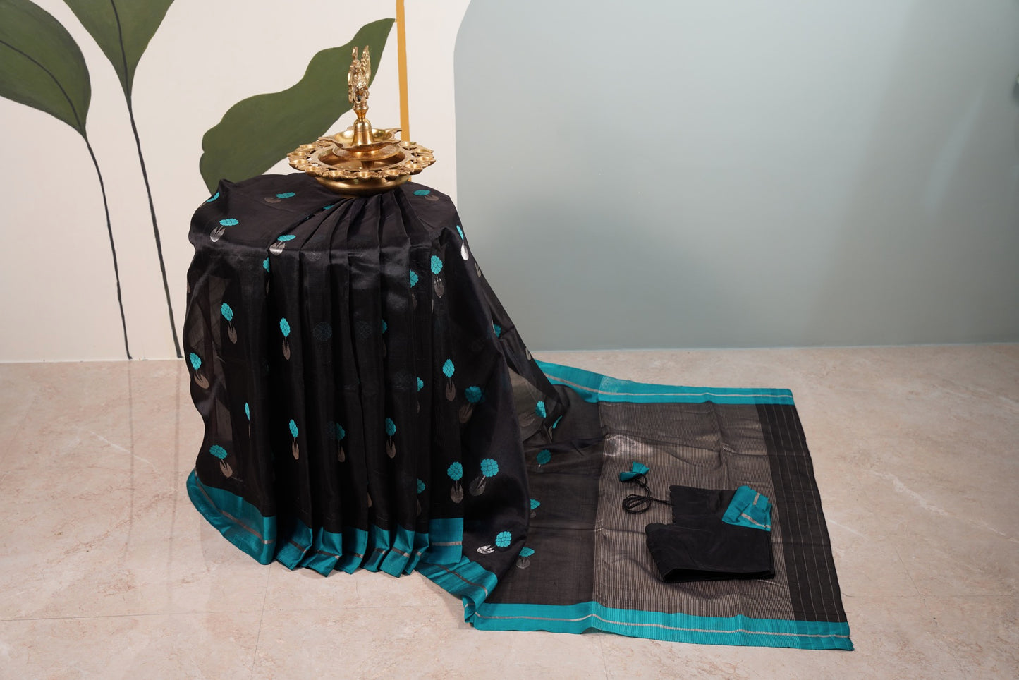 Black Saree with Butti and Blue border