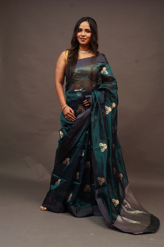 Dark Green Chanderi Saree with Mashru Border
