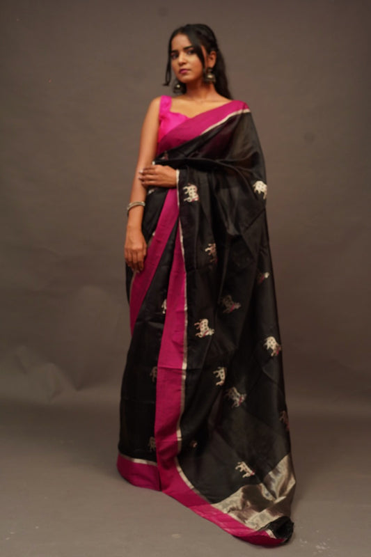 Black Chanderi Saree with Pink Pattu Border