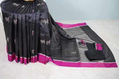 Black Chanderi Saree with Pink Pattu Border