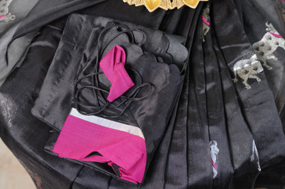 Black Chanderi Saree with Pink Pattu Border