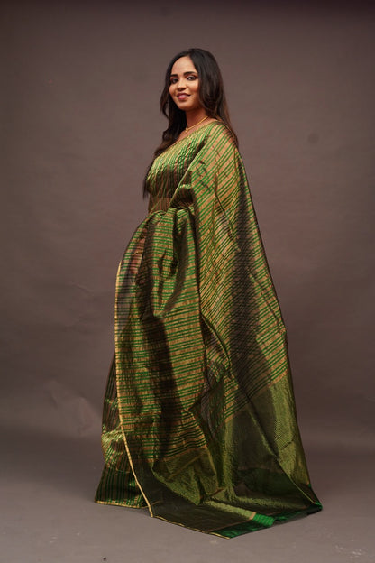 Bottle Green Chanderi Saree with Gold Lines