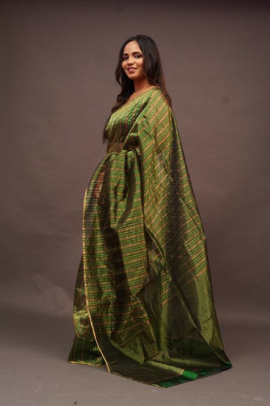 Bottle Green Chanderi Saree with Gold Lines