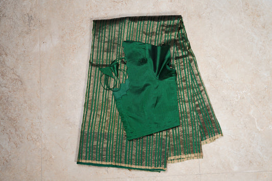 Bottle Green Chanderi Saree with Gold Lines