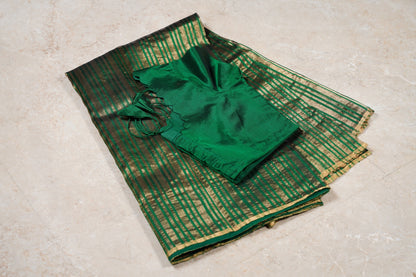 Bottle Green Chanderi Saree with Gold Lines