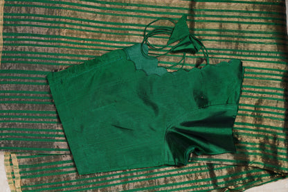 Bottle Green Chanderi Saree with Gold Lines