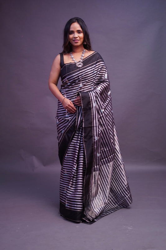 Gold and Black striped Chanderi Saree