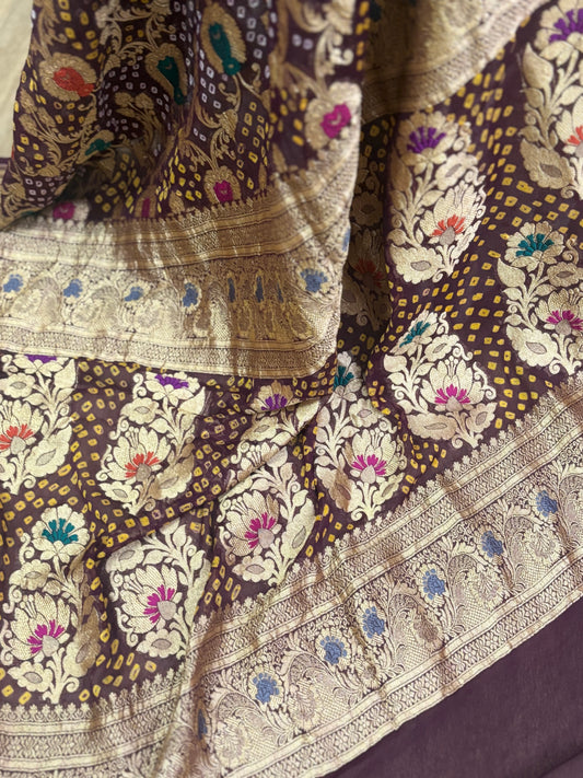 Brown Banarasi Georgette Bandhani Dupatta with Meenakari Work