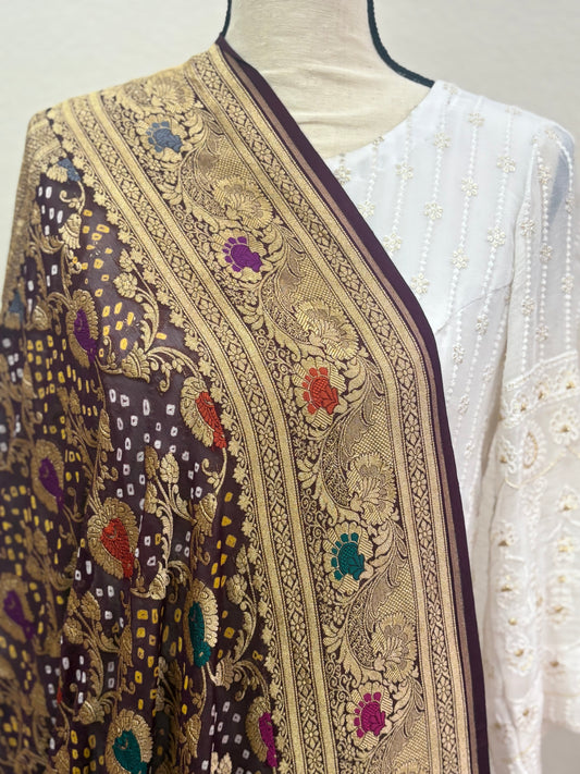 Brown Banarasi Georgette Bandhani Dupatta with Meenakari Work