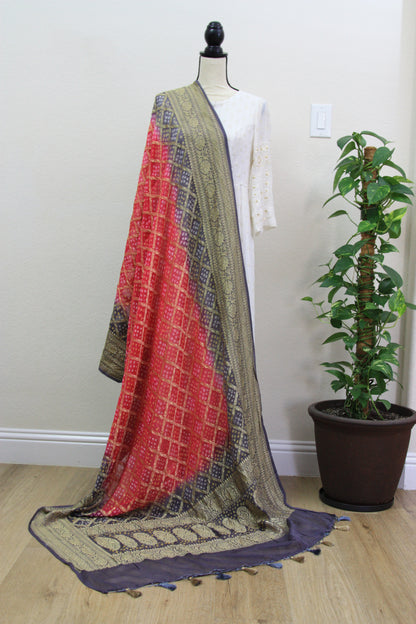 Grey-Pink Ombre Banarasi Georgette Bandhani Dupatta with Meenakari Work