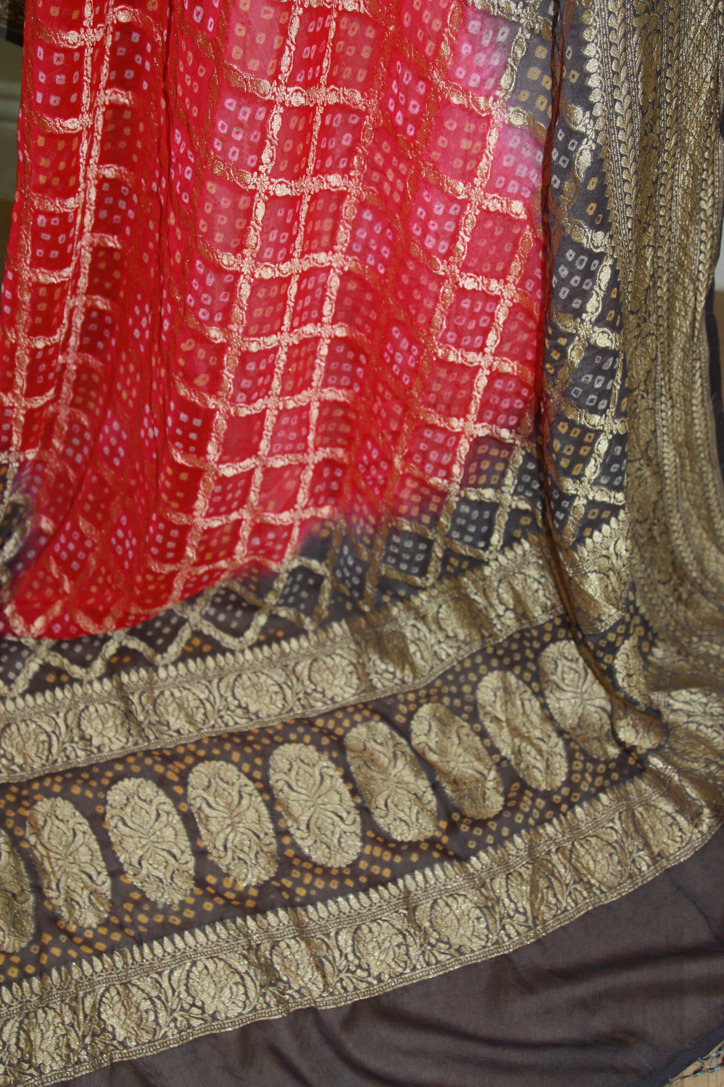 Grey-Pink Ombre Banarasi Georgette Bandhani Dupatta with Meenakari Work