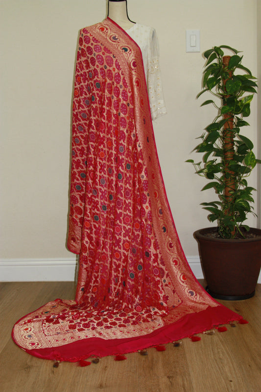 Pink Banarasi Georgette Bandhani Dupatta with Meenakari Work
