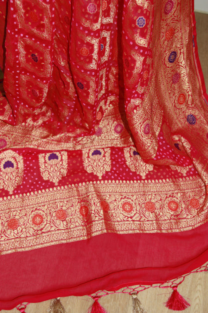 Rani Pink Banarasi Georgette Bandhani Dupatta with Meenakari Work
