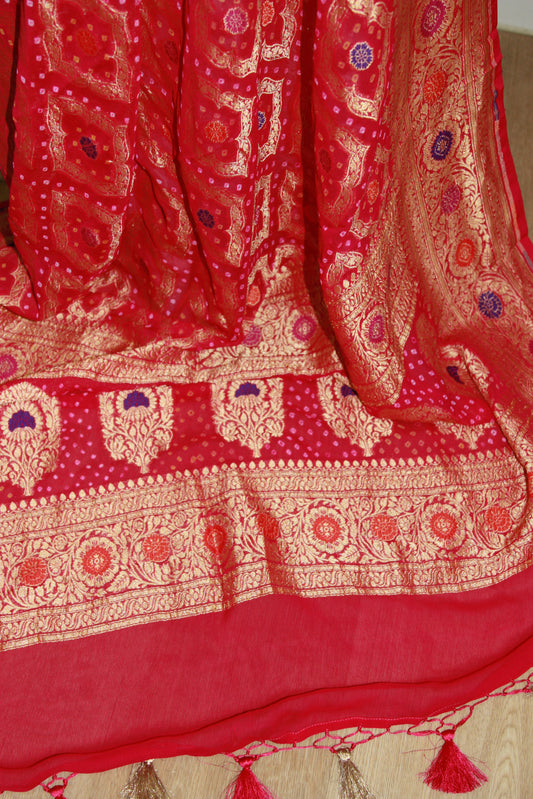 Rani Pink Banarasi Georgette Bandhani Dupatta with Meenakari Work