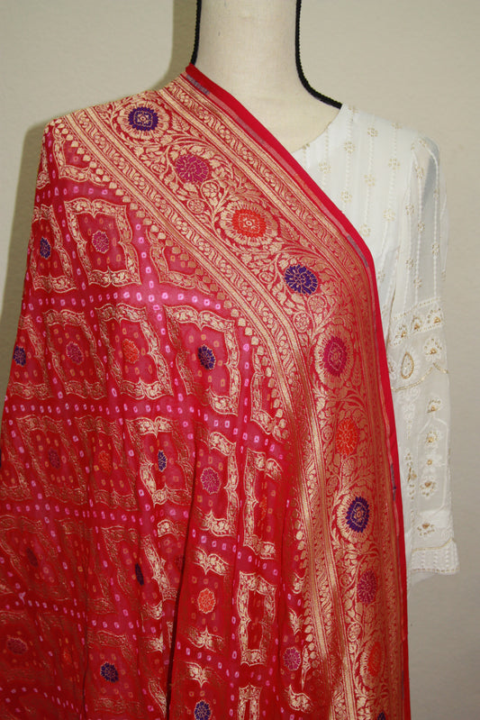Rani Pink Banarasi Georgette Bandhani Dupatta with Meenakari Work