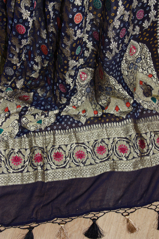 Dark Blue Banarasi Georgette Bandhani Dupatta with Meenakari Work