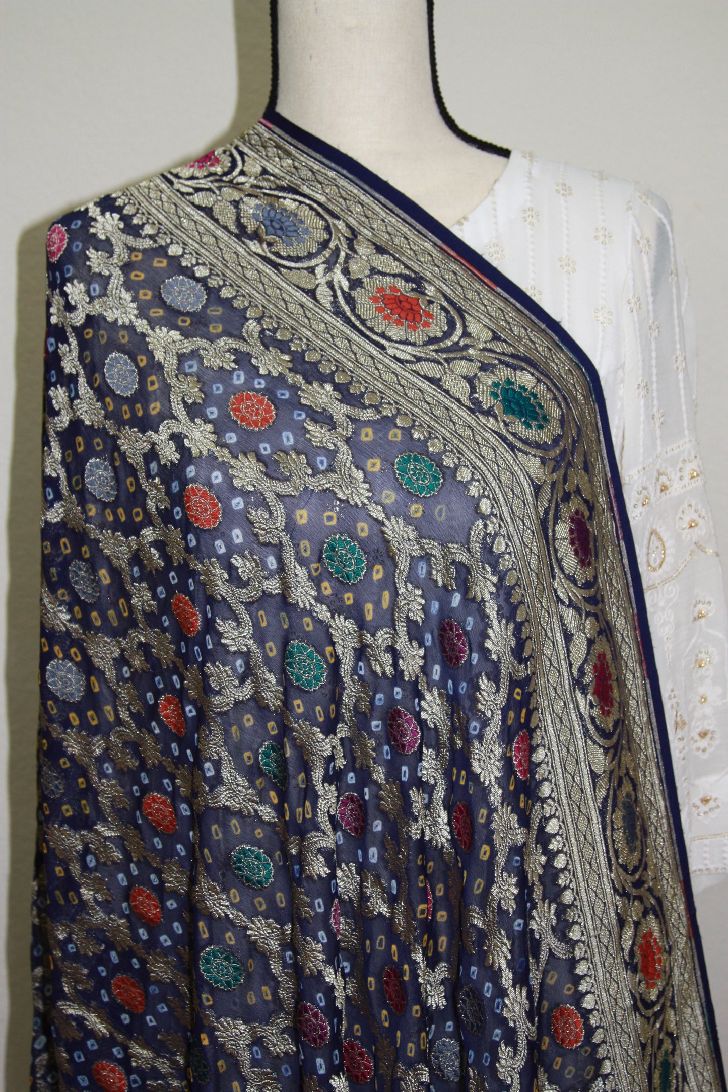 Dark Blue Banarasi Georgette Bandhani Dupatta with Meenakari Work