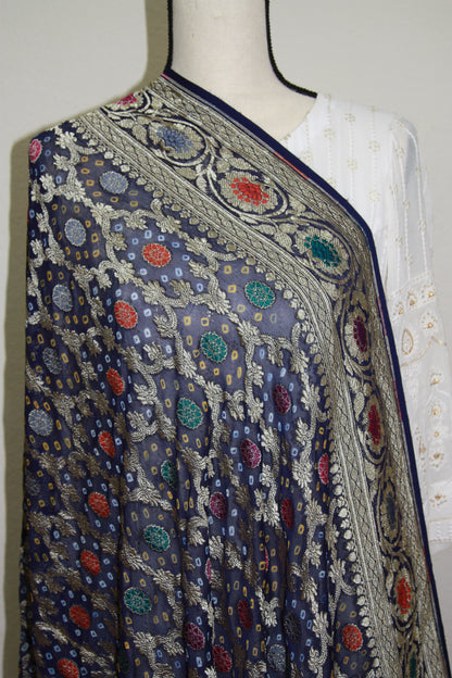 Dark Blue Banarasi Georgette Bandhani Dupatta with Meenakari Work