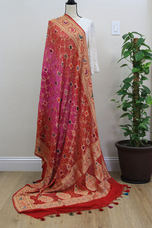 Pink and Orange Banarasi Georgette Bandhani Dupatta with Meenakari Work