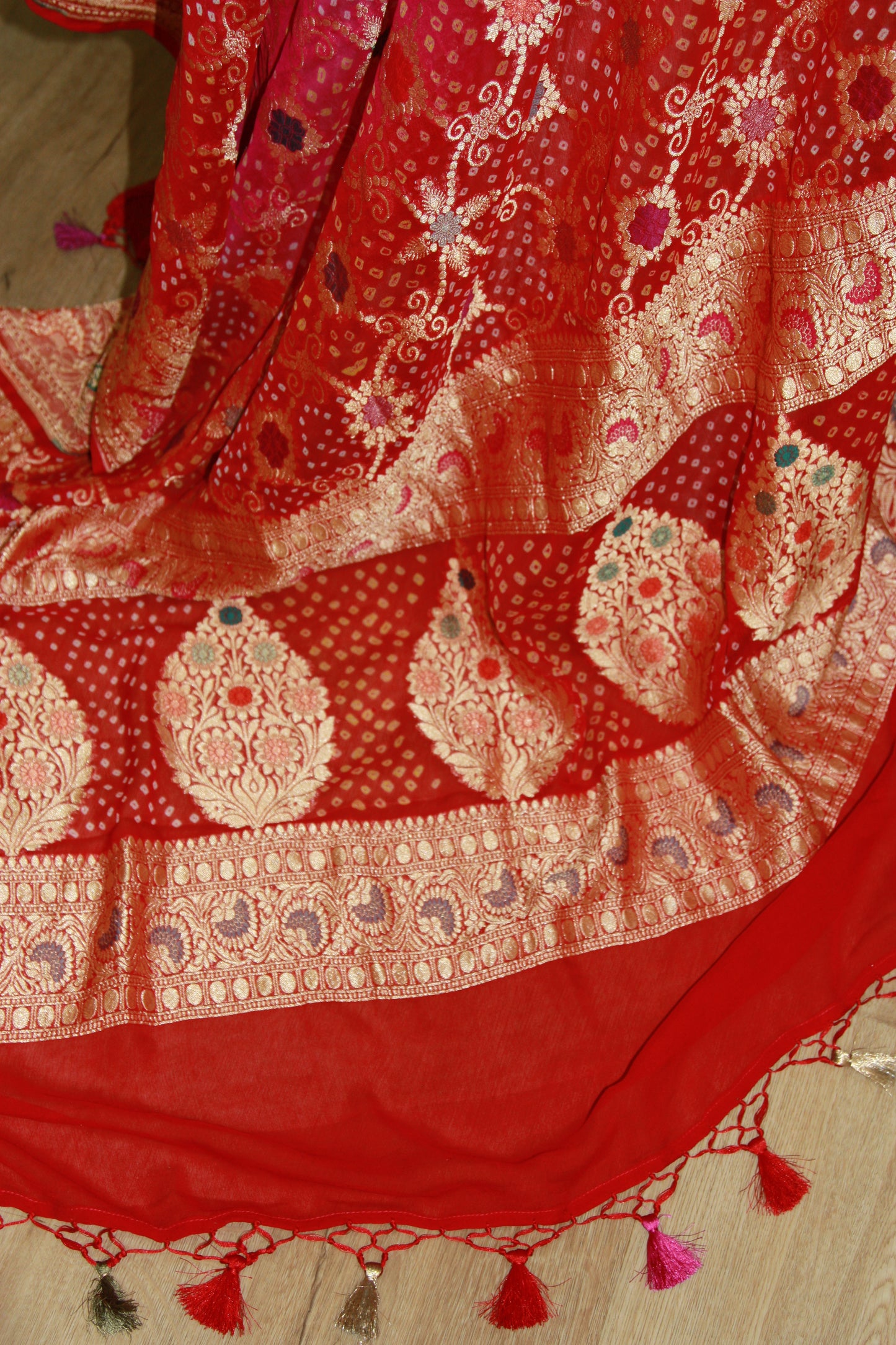 Pink and Orange Banarasi Georgette Bandhani Dupatta with Meenakari Work