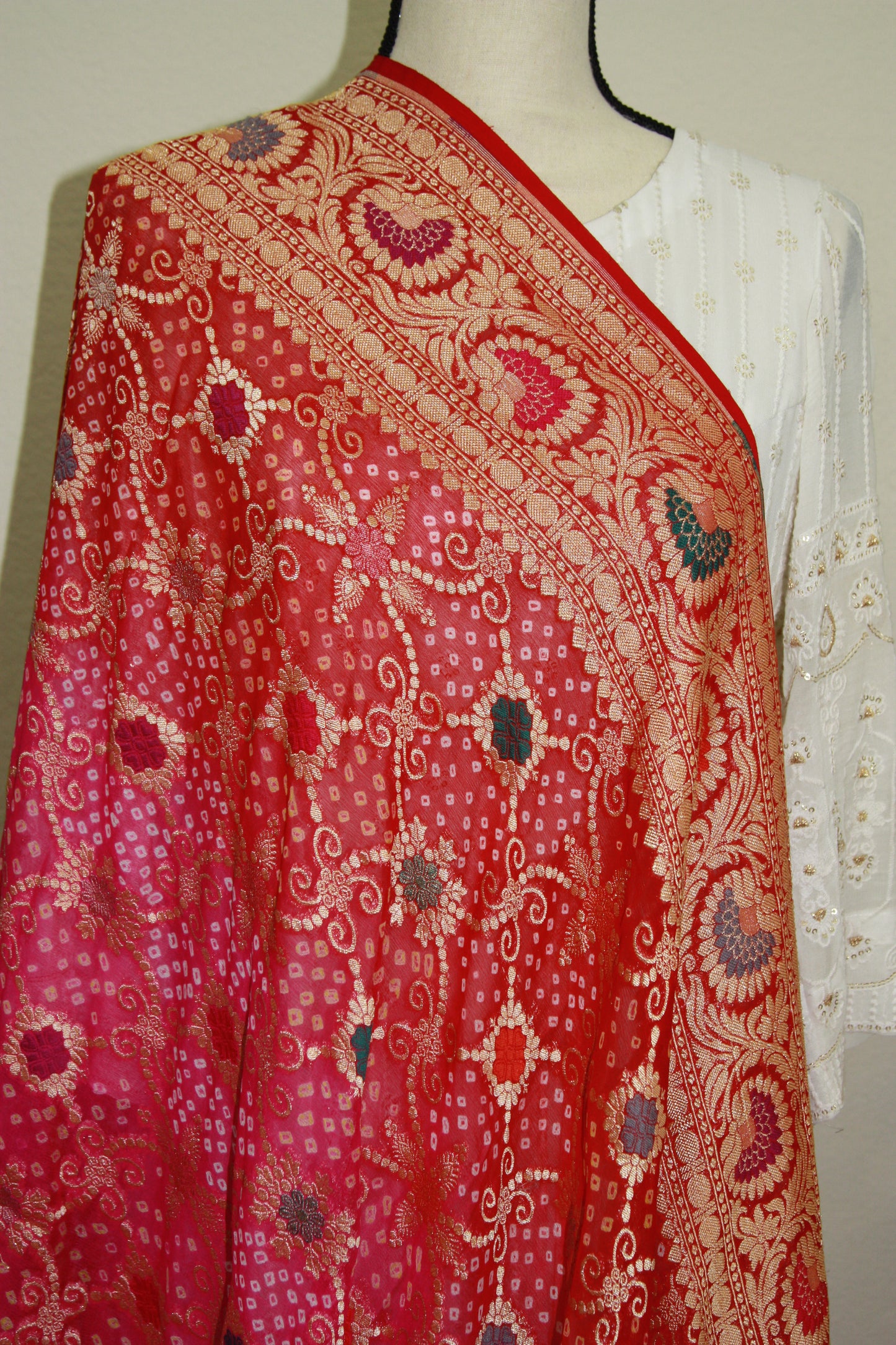 Pink and Orange Banarasi Georgette Bandhani Dupatta with Meenakari Work