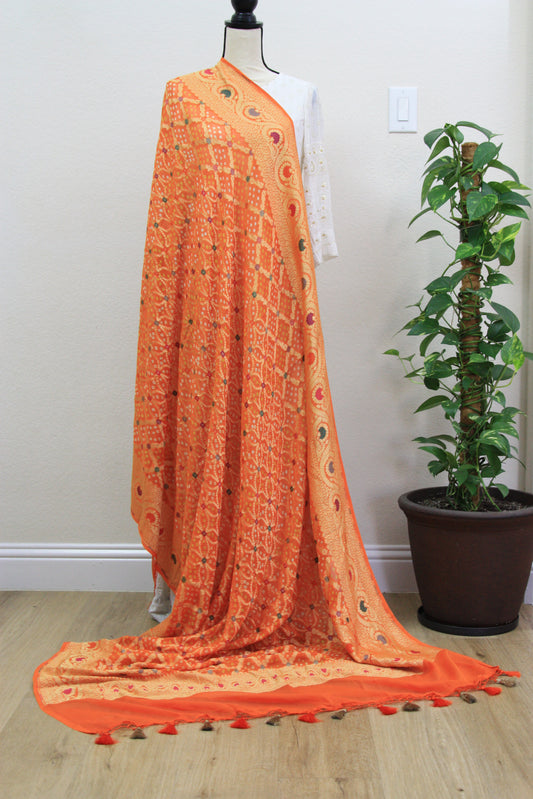 Orange Banarasi Georgette Bandhani Dupatta with Meenakari Work