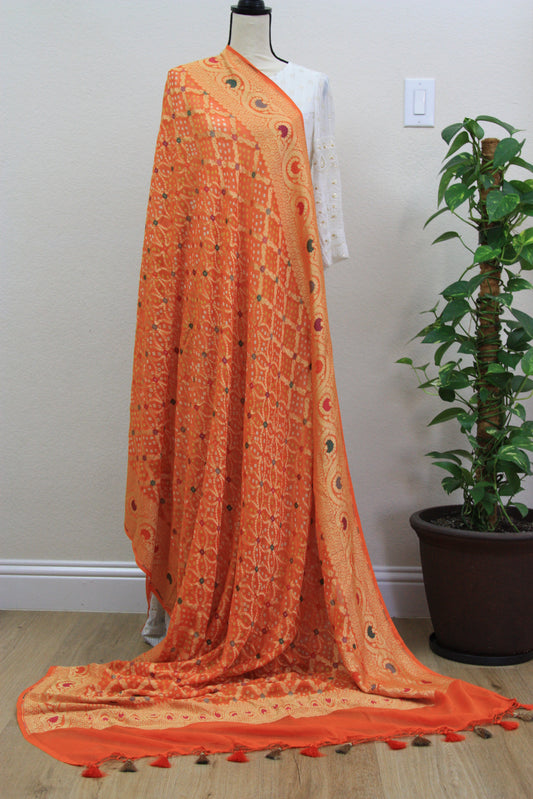 Orange Banarasi Georgette Bandhani Dupatta with Meenakari Work
