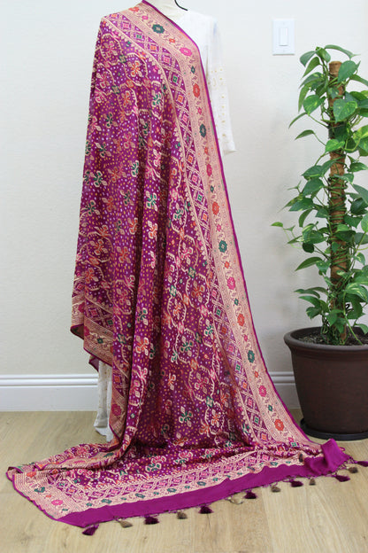 Purple Banarasi Georgette Bandhani Dupatta with Meenakari Work
