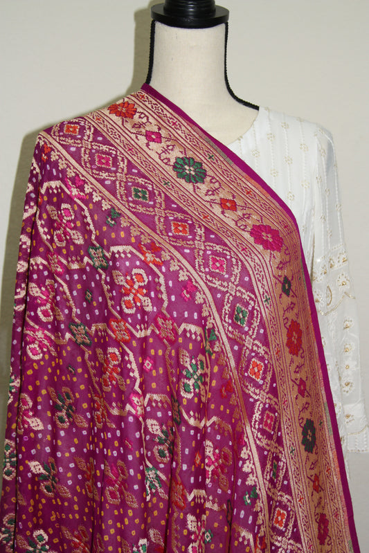 Purple Banarasi Georgette Bandhani Dupatta with Meenakari Work